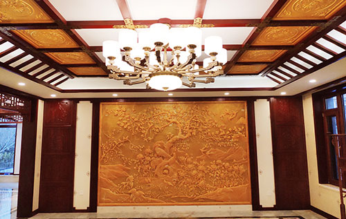 白沙中式别墅客厅中式木作横梁吊顶装饰展示